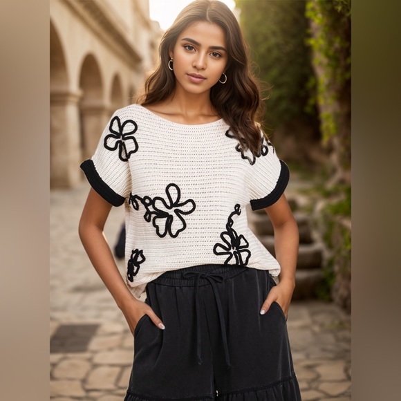 Full Size Openwork Flower Boat Neck Short Sleeve Knit Top - Picture 1 of 4